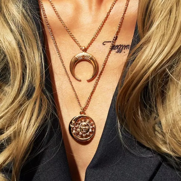 Jewelry - 18k  Gold Double Layer Sun Moon Pendant Necklace